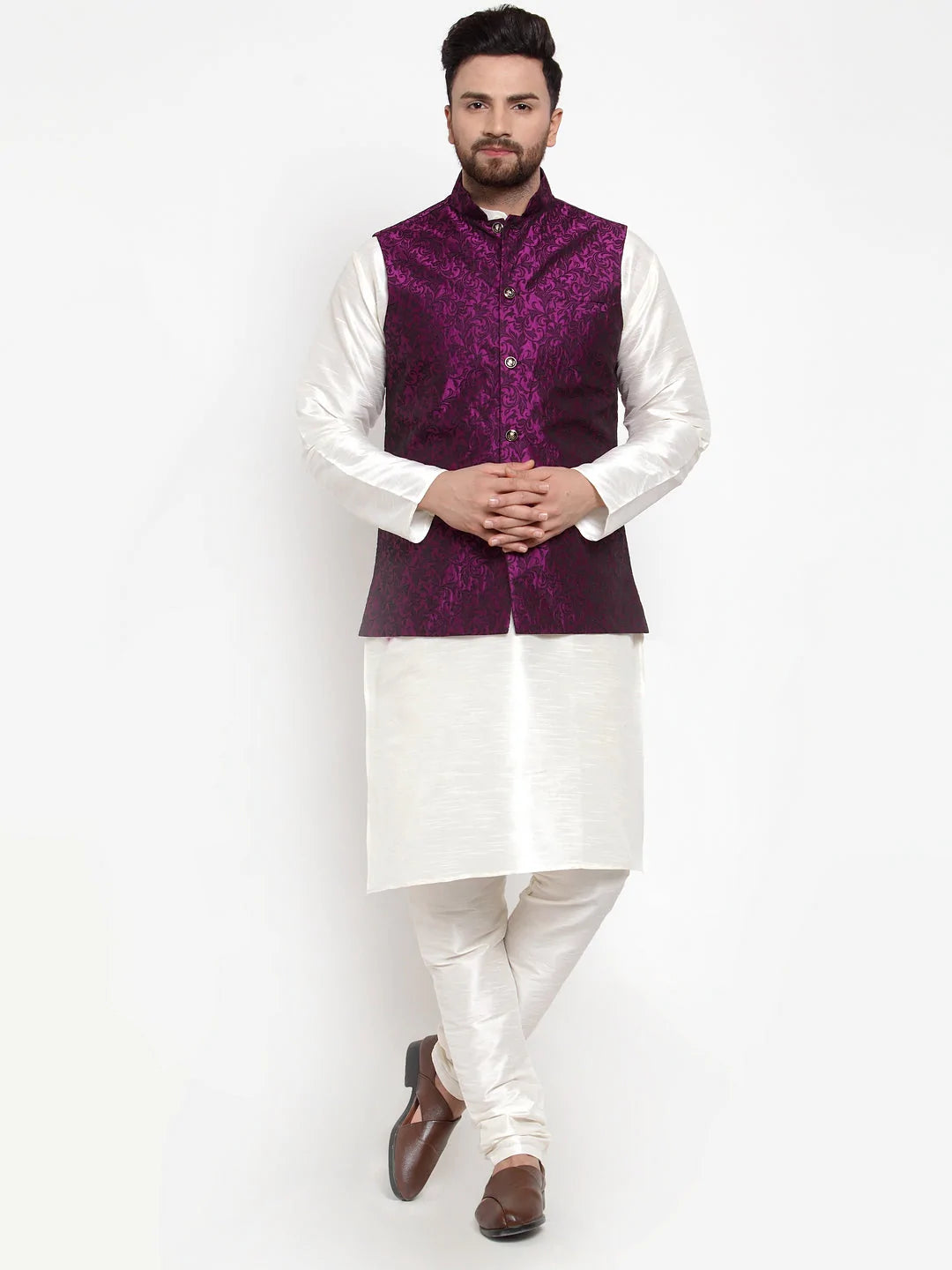 Jompers Men's Solid Dupion Kurta Pajama with Woven Jacquard Waistcoat ( JOKP WC 4054 Purple )