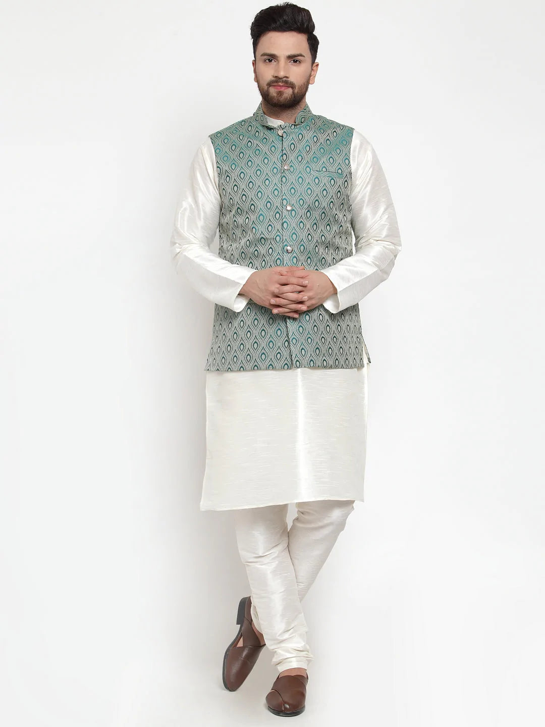 Jompers Men's Solid Dupion Kurta Pajama with Woven Jacquard Waistcoat ( JOKP WC 4056 Green )