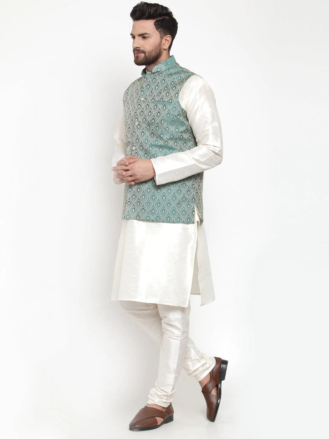 Jompers Men's Solid Dupion Kurta Pajama with Woven Jacquard Waistcoat ( JOKP WC 4056 Green )