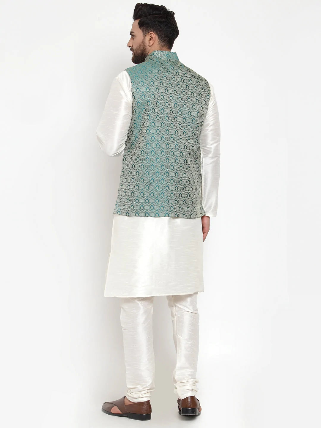 Jompers Men's Solid Dupion Kurta Pajama with Woven Jacquard Waistcoat ( JOKP WC 4056 Green )