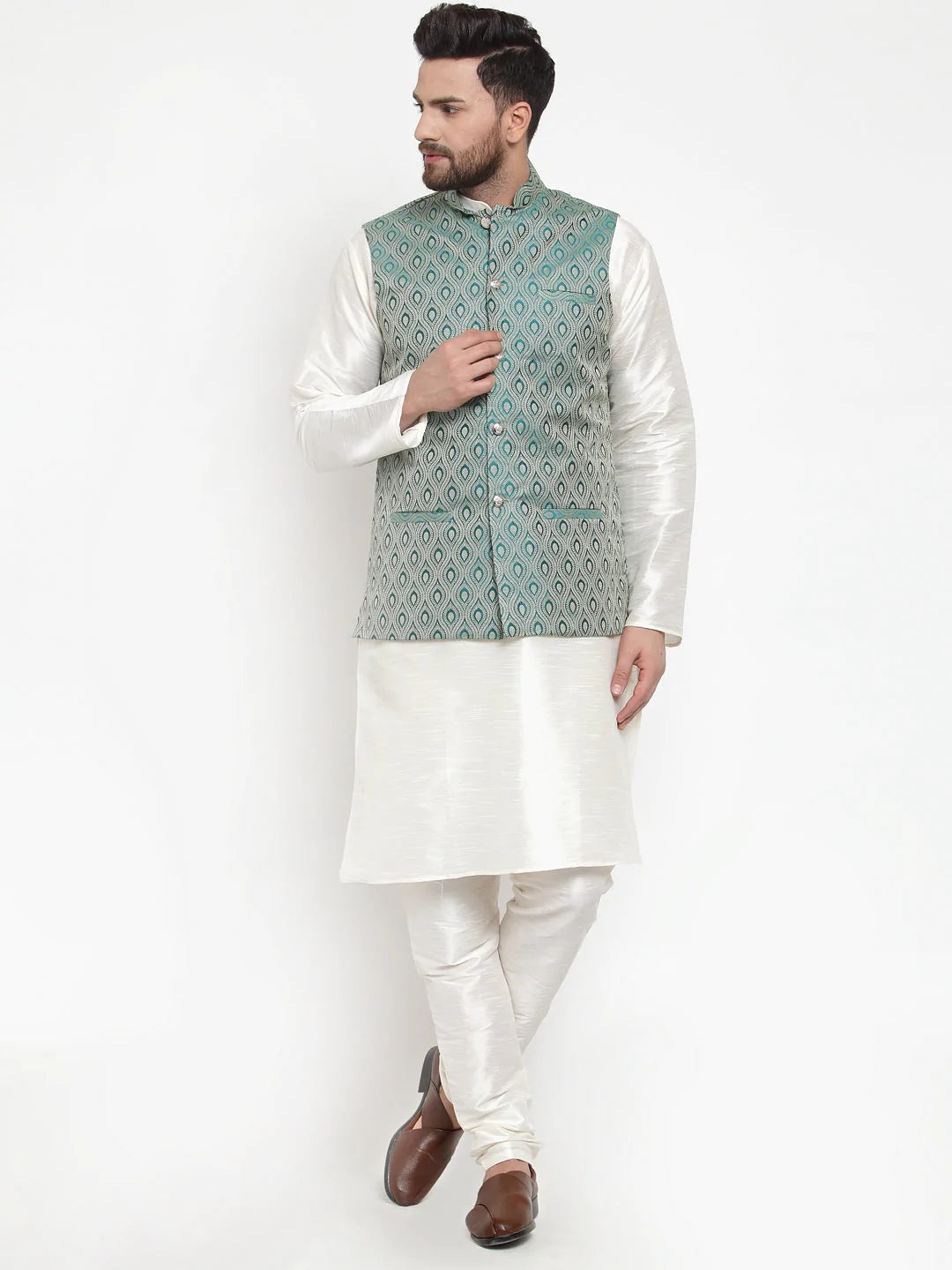 Jompers Men's Solid Dupion Kurta Pajama with Woven Jacquard Waistcoat ( JOKP WC 4056 Green )