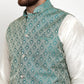 Jompers Men's Solid Dupion Kurta Pajama with Woven Jacquard Waistcoat ( JOKP WC 4056 Green )