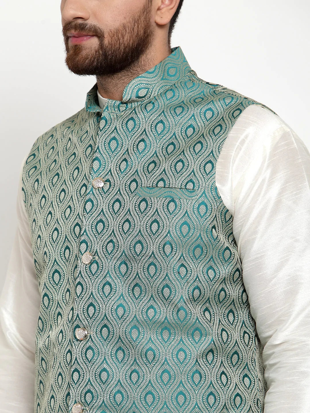 Jompers Men's Solid Dupion Kurta Pajama with Woven Jacquard Waistcoat ( JOKP WC 4056 Green )