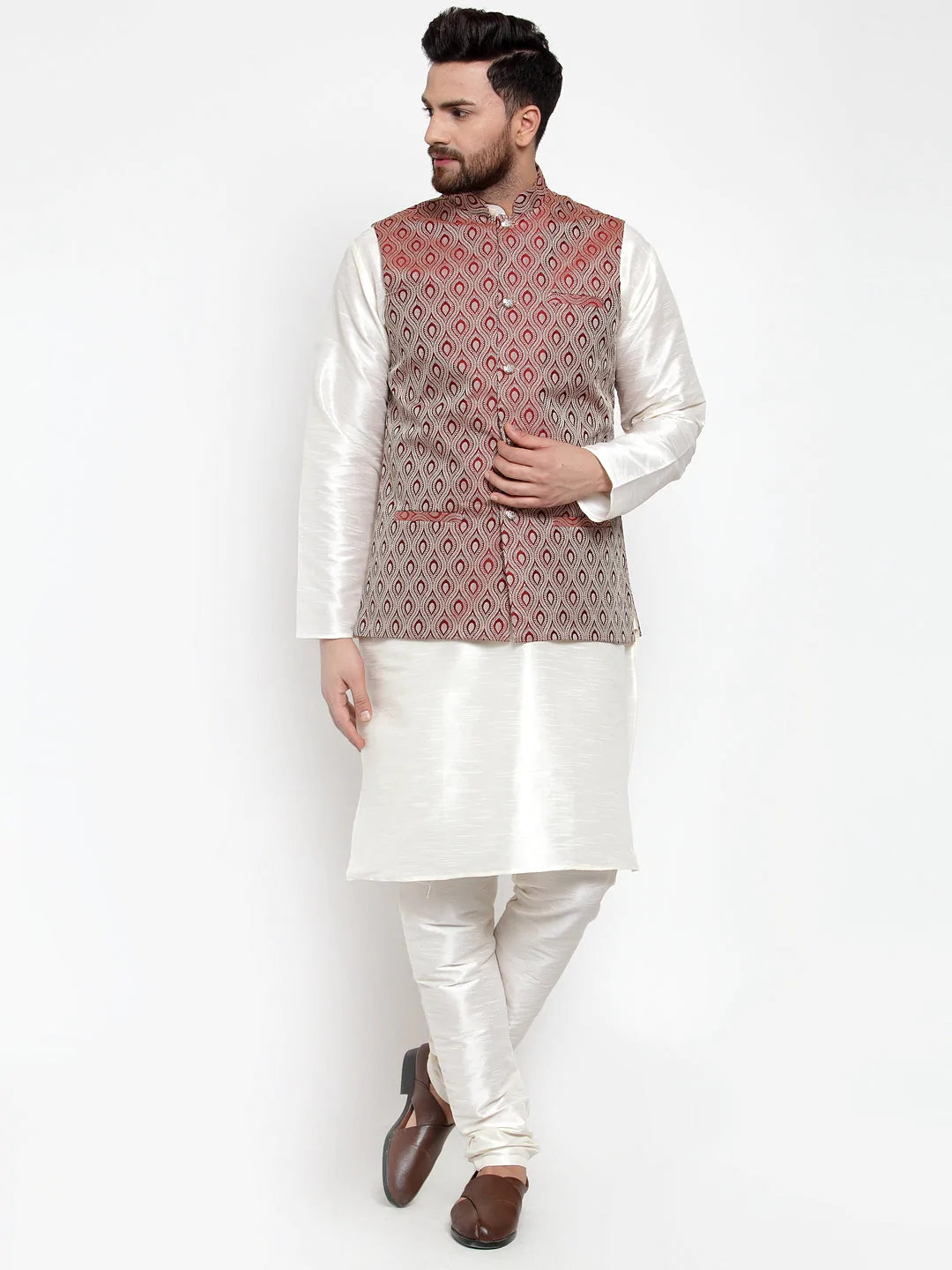 Jompers Men's Solid Dupion Kurta Pajama with Woven Jacquard Waistcoat ( JOKP WC 4056 Maroon )