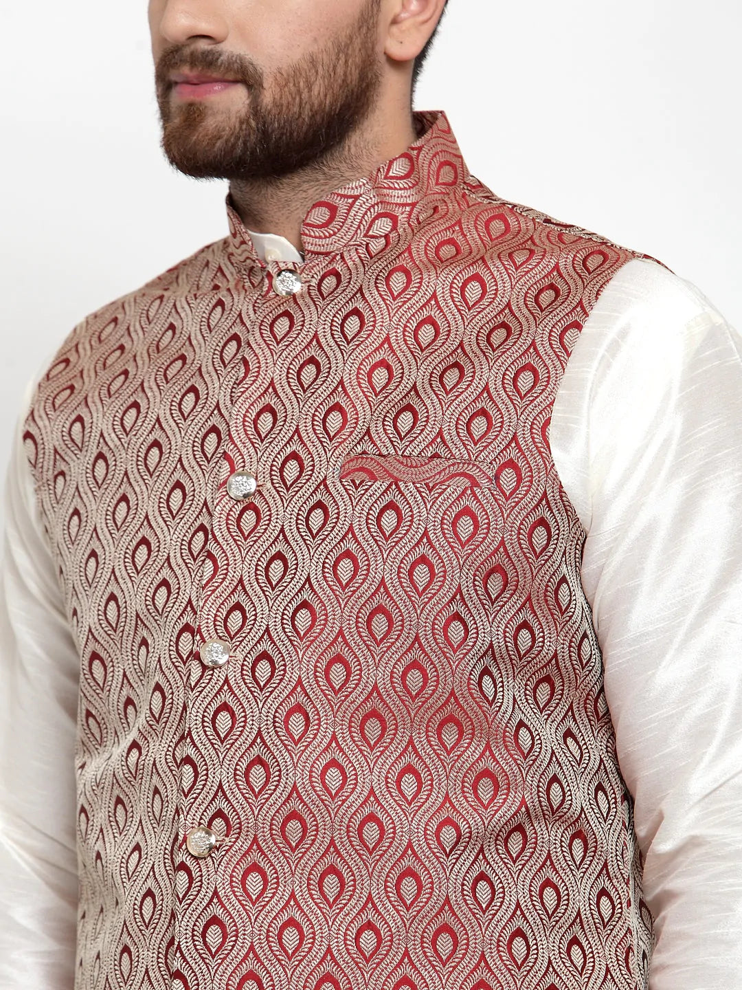 Jompers Men's Solid Dupion Kurta Pajama with Woven Jacquard Waistcoat ( JOKP WC 4056 Maroon )