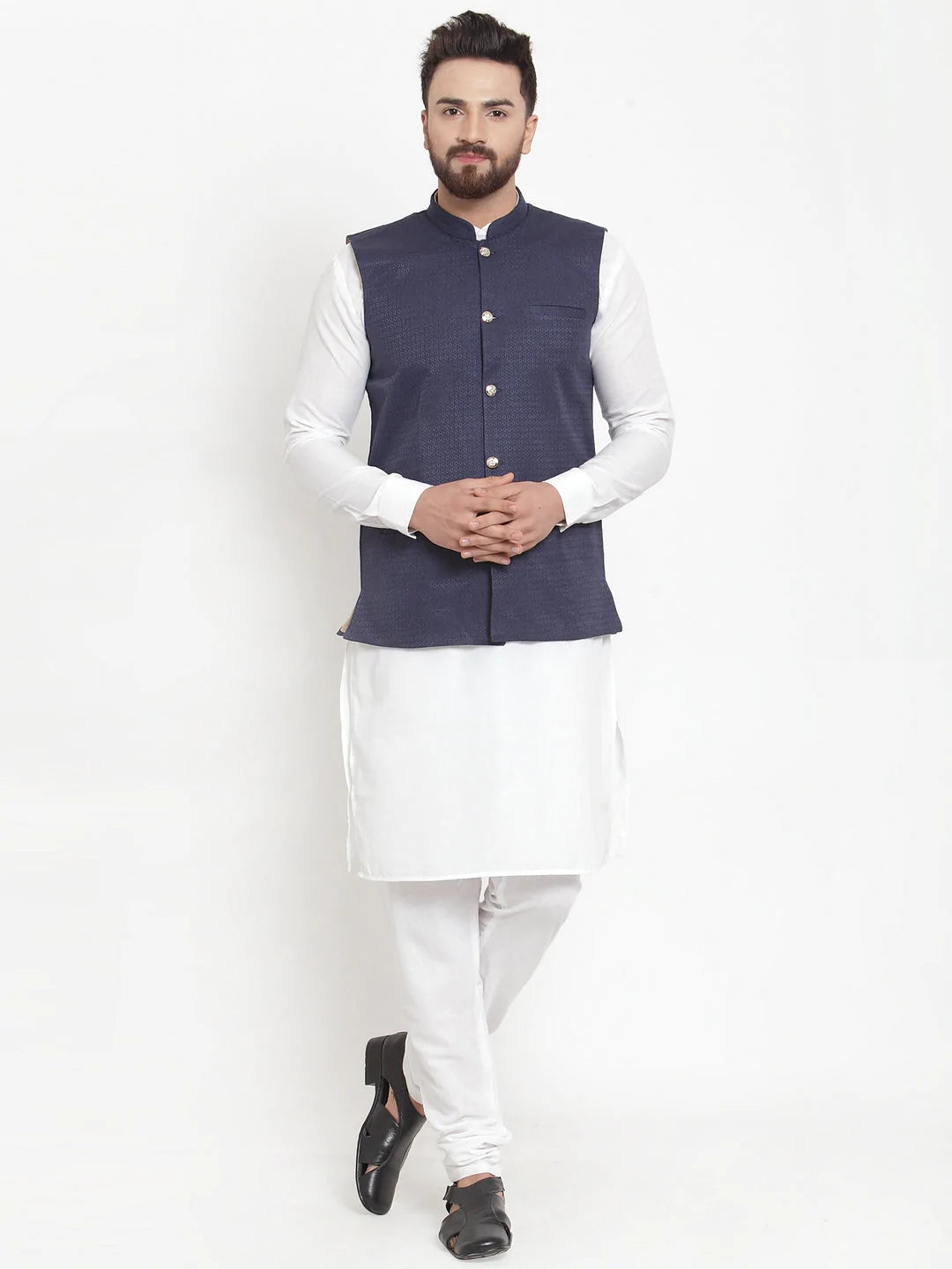 Jompers Men's Solid Cotton Kurta Pajama with Woven Jacquard Waistcoat ( JOKP WC 4057 Navy )