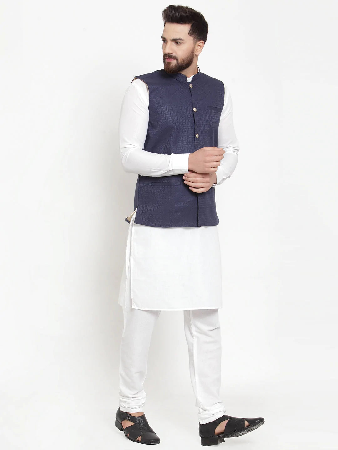 Jompers Men's Solid Cotton Kurta Pajama with Woven Jacquard Waistcoat ( JOKP WC 4057 Navy )