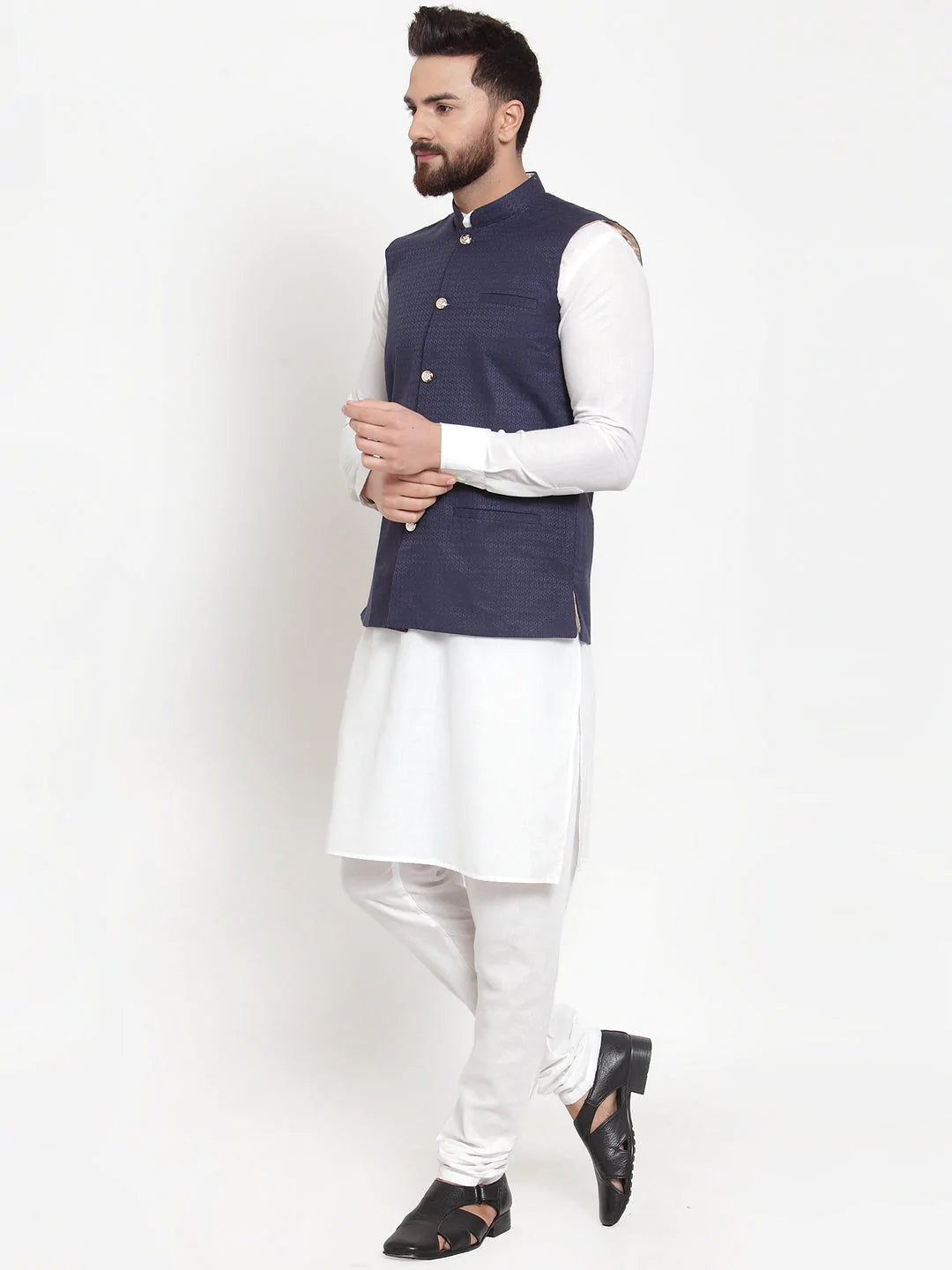 Jompers Men's Solid Cotton Kurta Pajama with Woven Jacquard Waistcoat ( JOKP WC 4057 Navy )