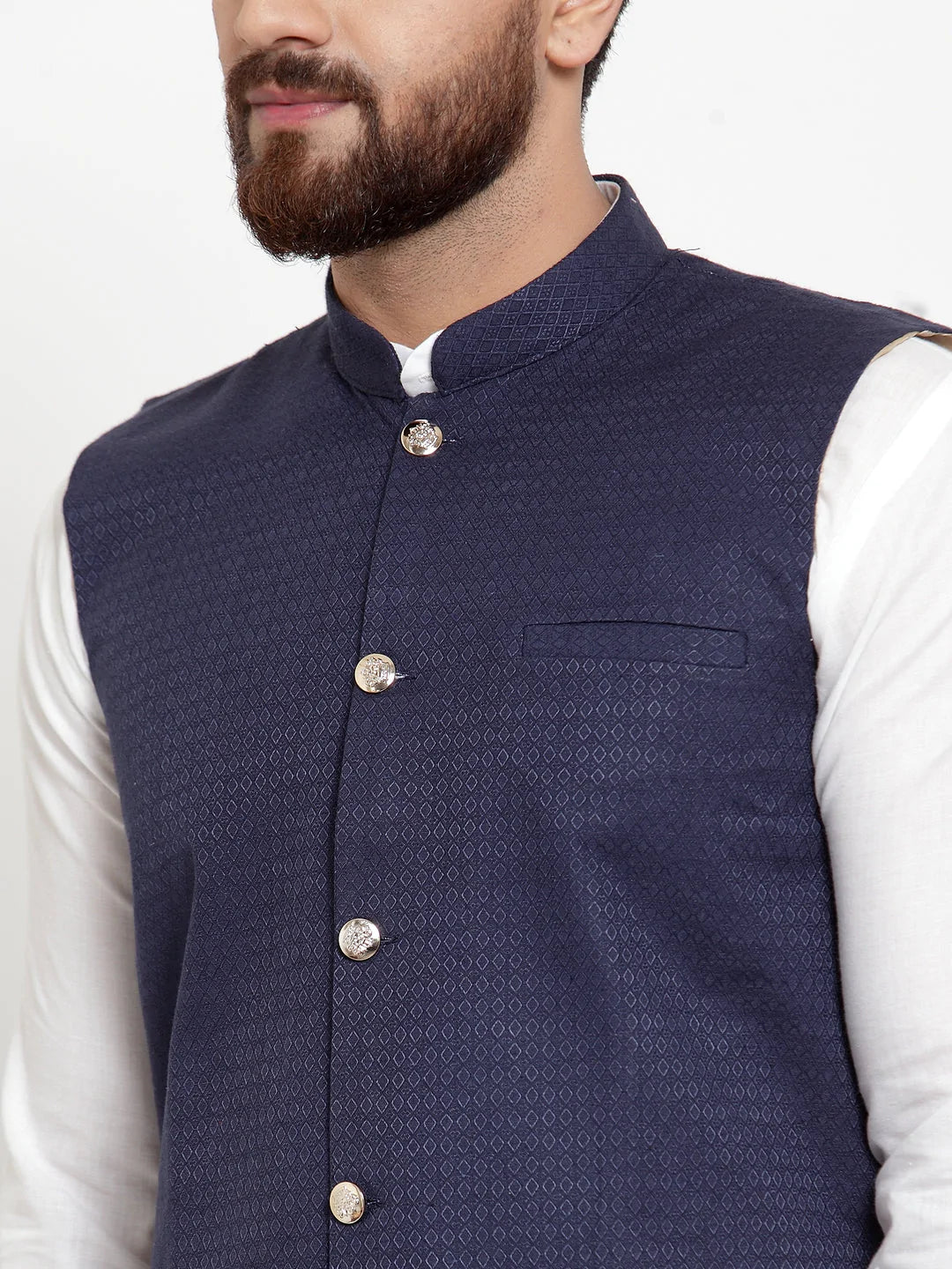 Jompers Men's Solid Cotton Kurta Pajama with Woven Jacquard Waistcoat ( JOKP WC 4057 Navy )