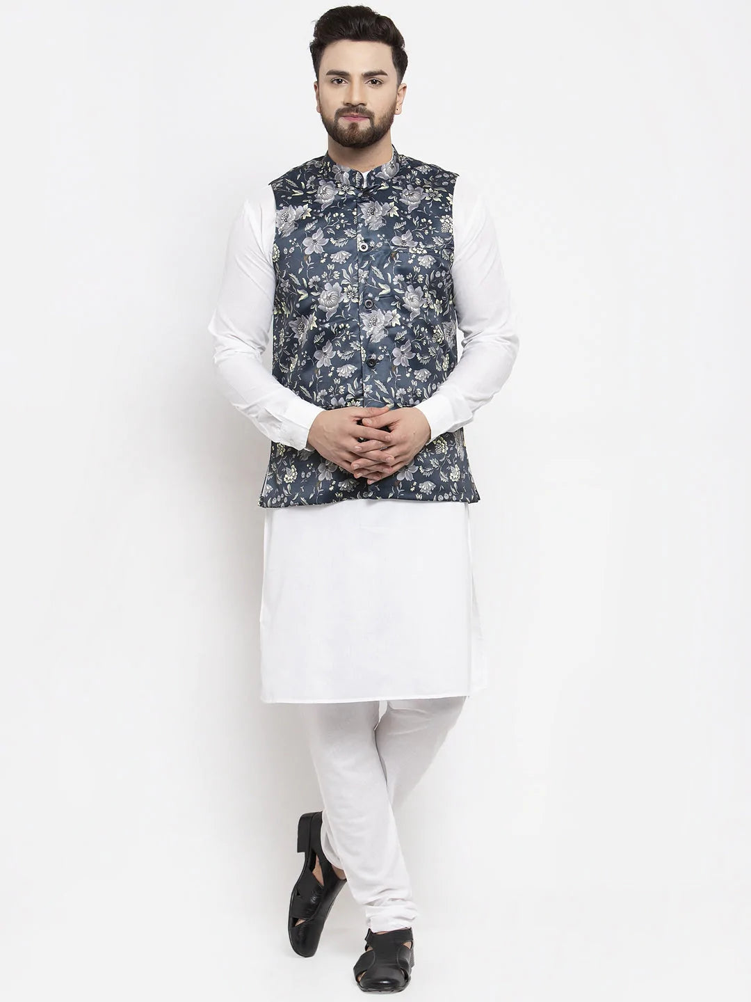 Jompers Men's Solid Cotton Kurta Pajama with Printed Waistcoat ( JOKP WC 4058 Navy-W )
