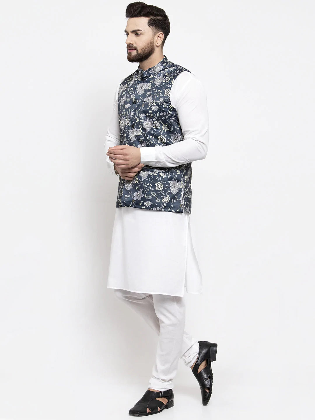 Jompers Men's Solid Cotton Kurta Pajama with Printed Waistcoat ( JOKP WC 4058 Navy-W )