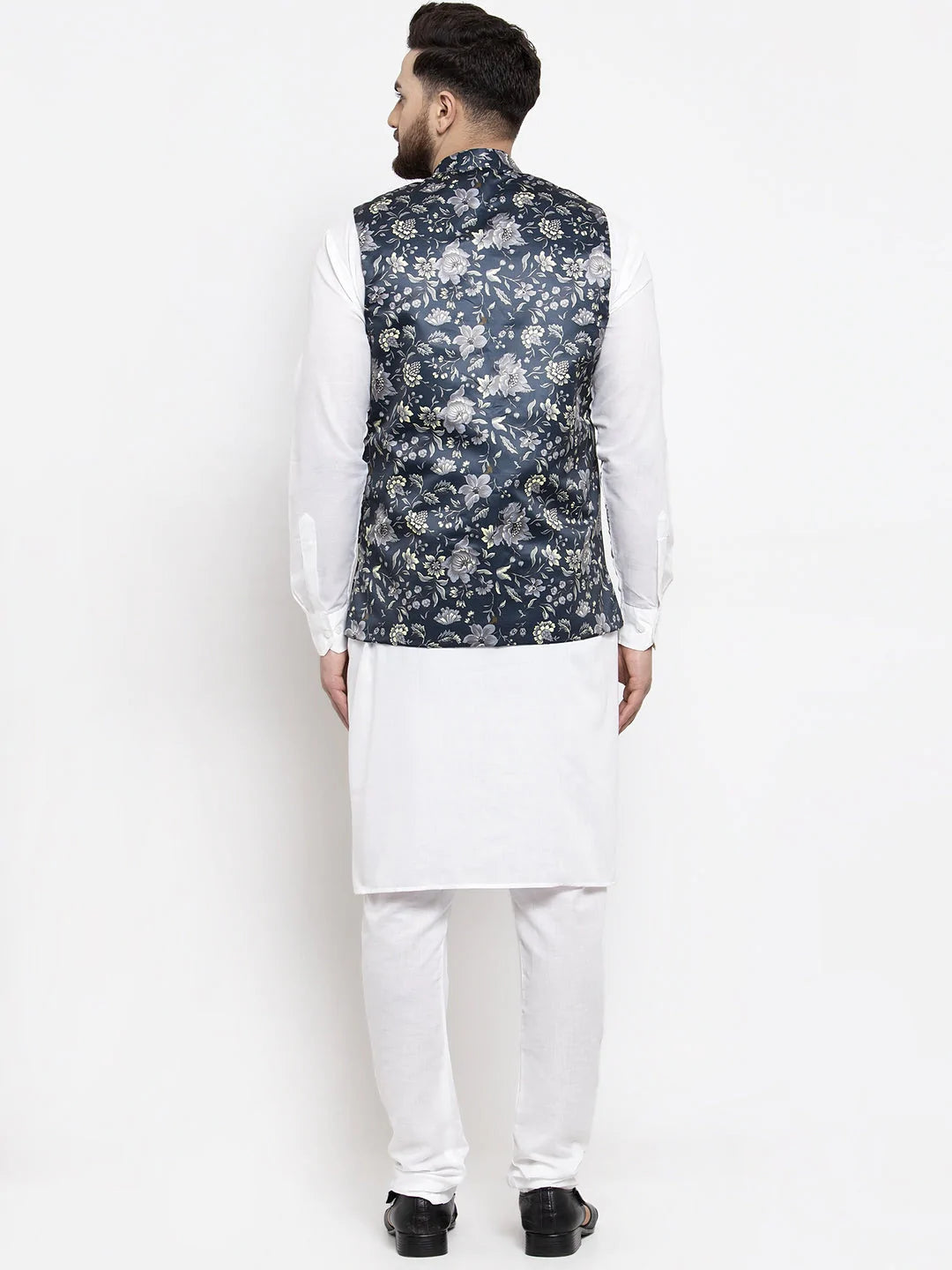 Jompers Men's Solid Cotton Kurta Pajama with Printed Waistcoat ( JOKP WC 4058 Navy-W )