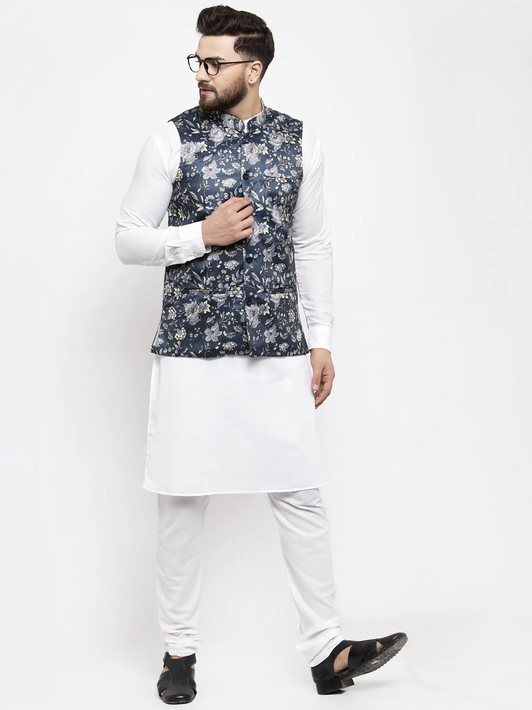 Jompers Men's Solid Cotton Kurta Pajama with Printed Waistcoat ( JOKP WC 4058 Navy-W )