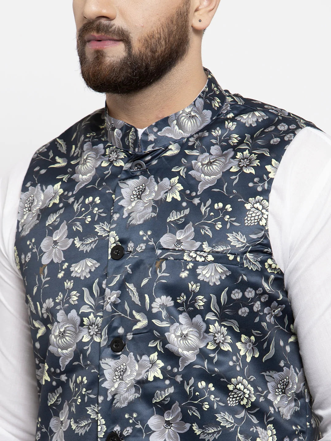Jompers Men's Solid Cotton Kurta Pajama with Printed Waistcoat ( JOKP WC 4058 Navy-W )