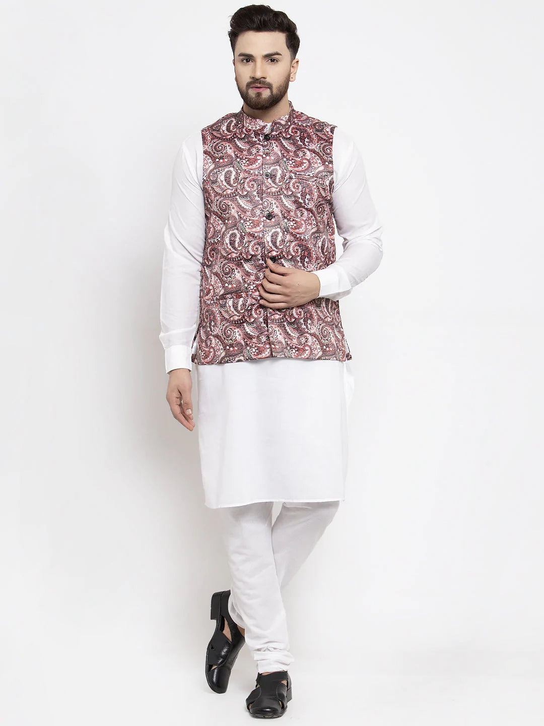 Jompers Men's Solid Cotton Kurta Pajama with Printed Waistcoat ( JOKP WC 4058 Pink-W )