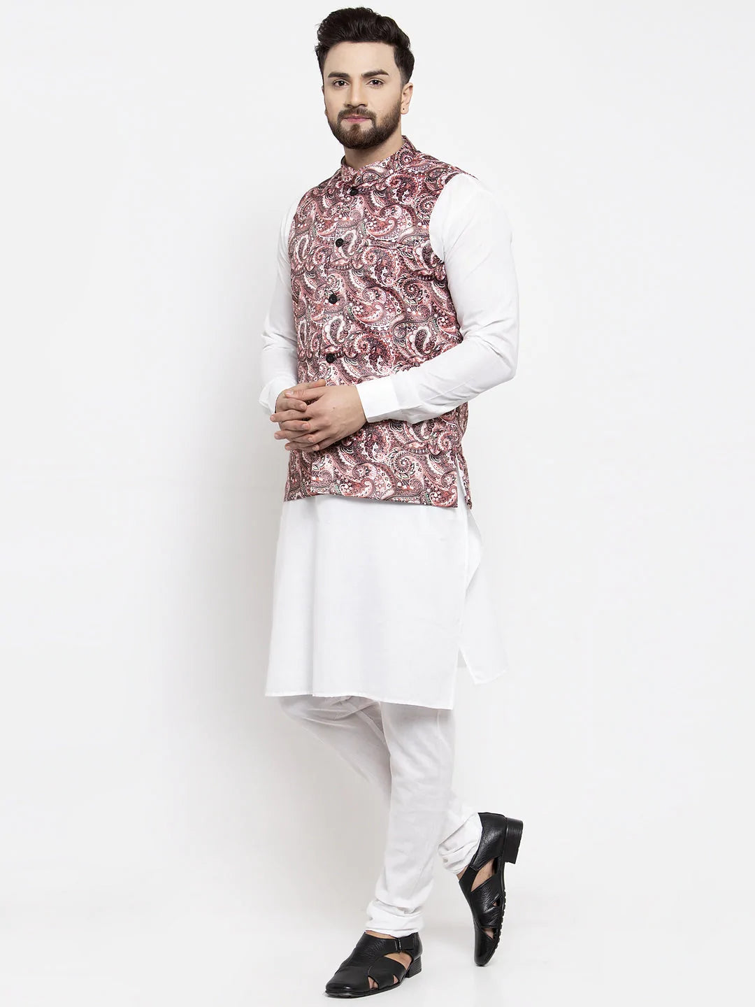 Jompers Men's Solid Cotton Kurta Pajama with Printed Waistcoat ( JOKP WC 4058 Pink-W )