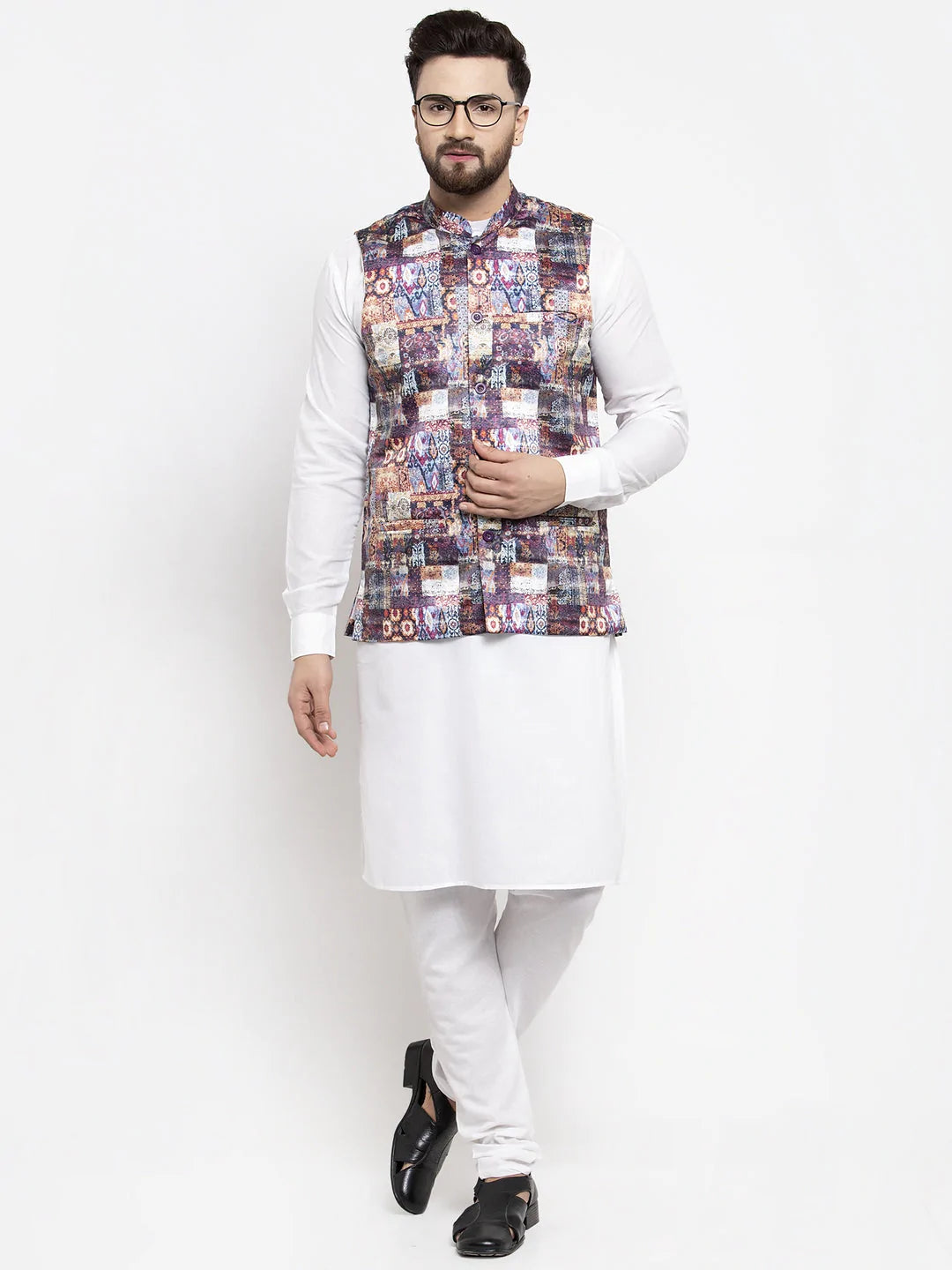Jompers Men's Solid Cotton Kurta Pajama with Printed Waistcoat ( JOKP WC 4058 Purple-W )