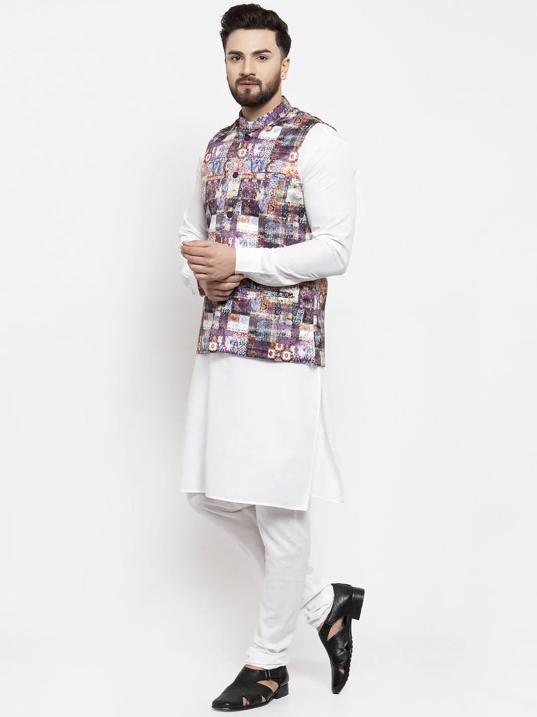 Jompers Men's Solid Cotton Kurta Pajama with Printed Waistcoat ( JOKP WC 4058 Purple-W )