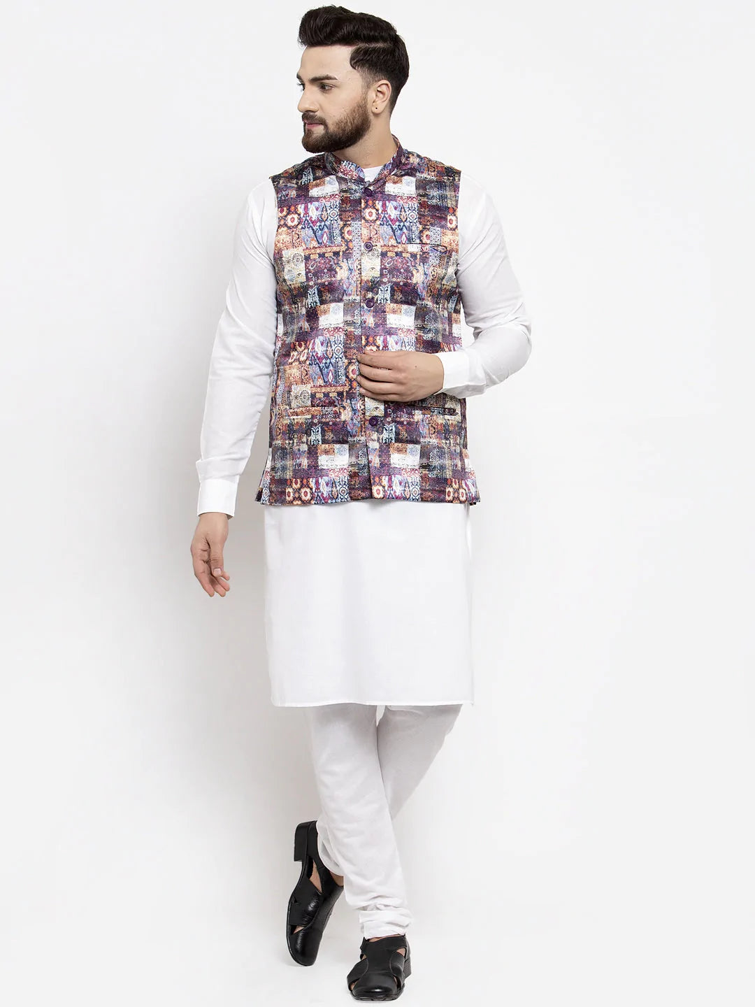 Jompers Men's Solid Cotton Kurta Pajama with Printed Waistcoat ( JOKP WC 4058 Purple-W )