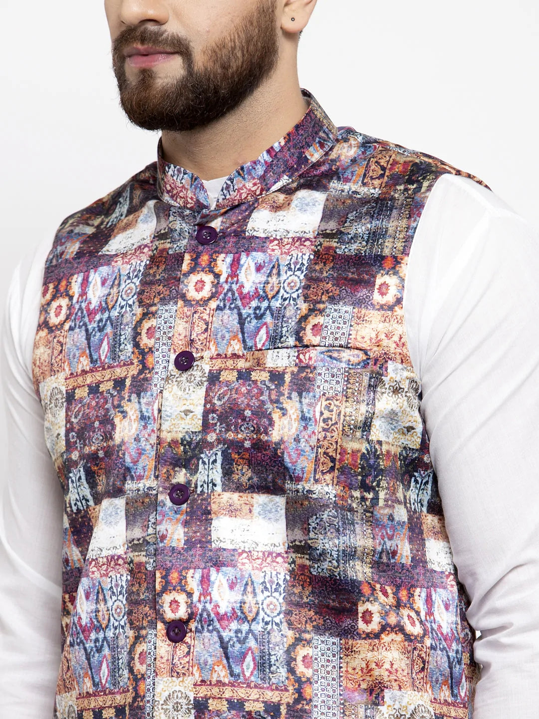 Jompers Men's Solid Cotton Kurta Pajama with Printed Waistcoat ( JOKP WC 4058 Purple-W )