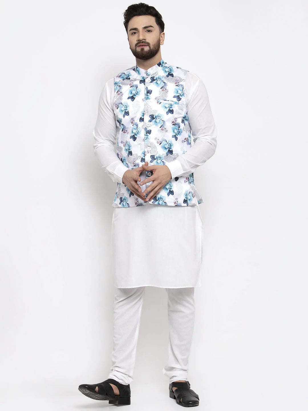 Jompers Men's Solid Cotton Kurta Pajama with Printed Waistcoat ( JOKP WC 4058 Silver-W )