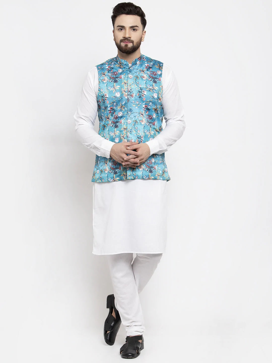 Jompers Men's Solid Cotton Kurta Pajama with Printed Waistcoat ( JOKP WC 4058 Sky-W )