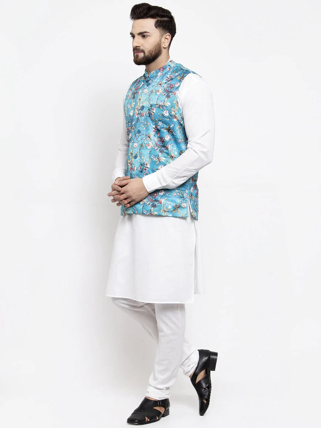 Jompers Men's Solid Cotton Kurta Pajama with Printed Waistcoat ( JOKP WC 4058 Sky-W )