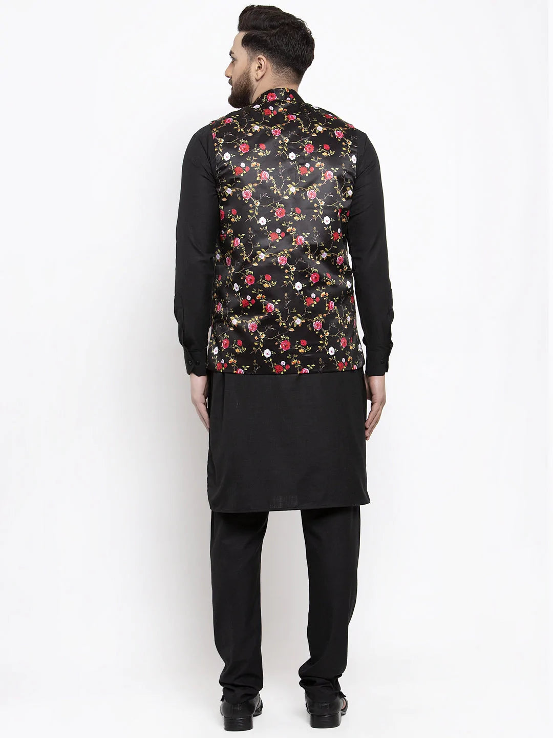 Jompers Men's Solid Cotton Kurta Pajama with Printed Waistcoat ( JOKP WC 4059 Black-B )