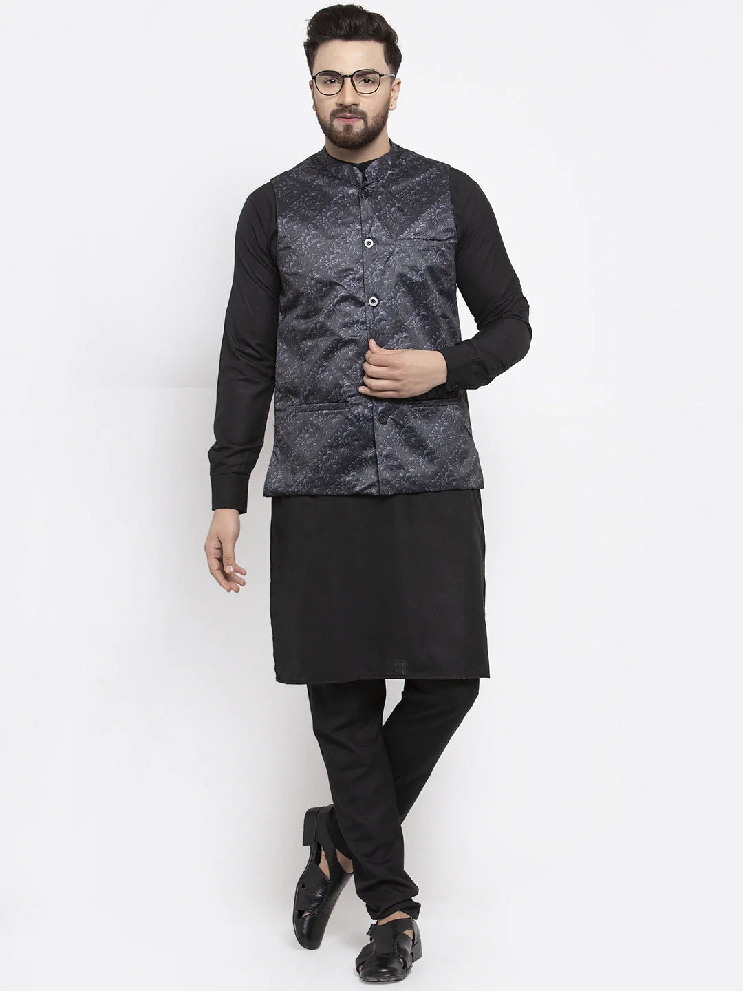 Jompers Men's Solid Cotton Kurta Pajama with Printed Waistcoat ( JOKP WC 4059 Charcoal-B )