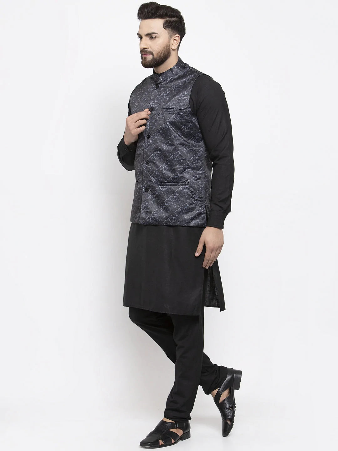 Jompers Men's Solid Cotton Kurta Pajama with Printed Waistcoat ( JOKP WC 4059 Charcoal-B )