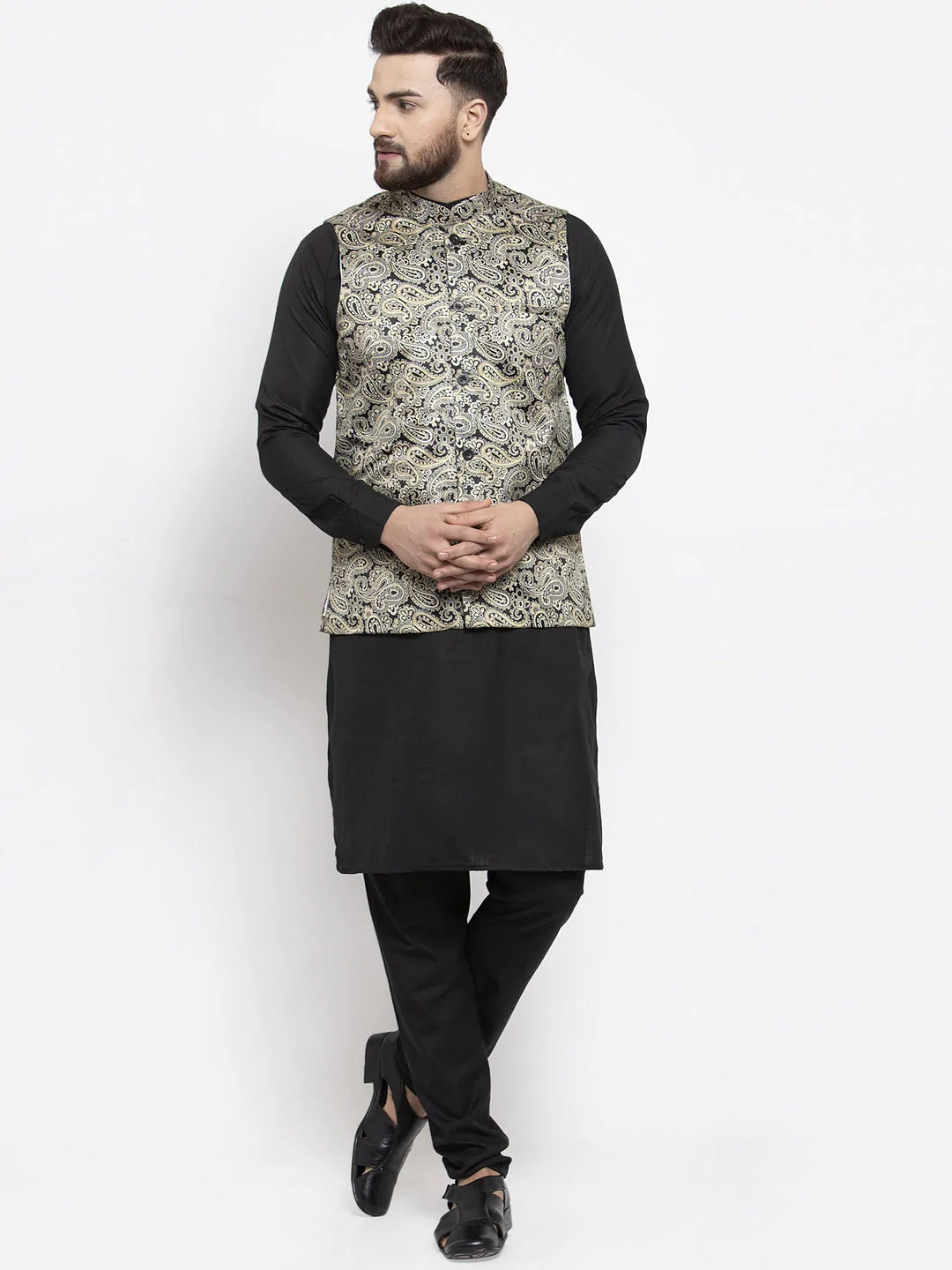 Jompers Men's Solid Cotton Kurta Pajama with Printed Waistcoat ( JOKP WC 4059 Golden-B )