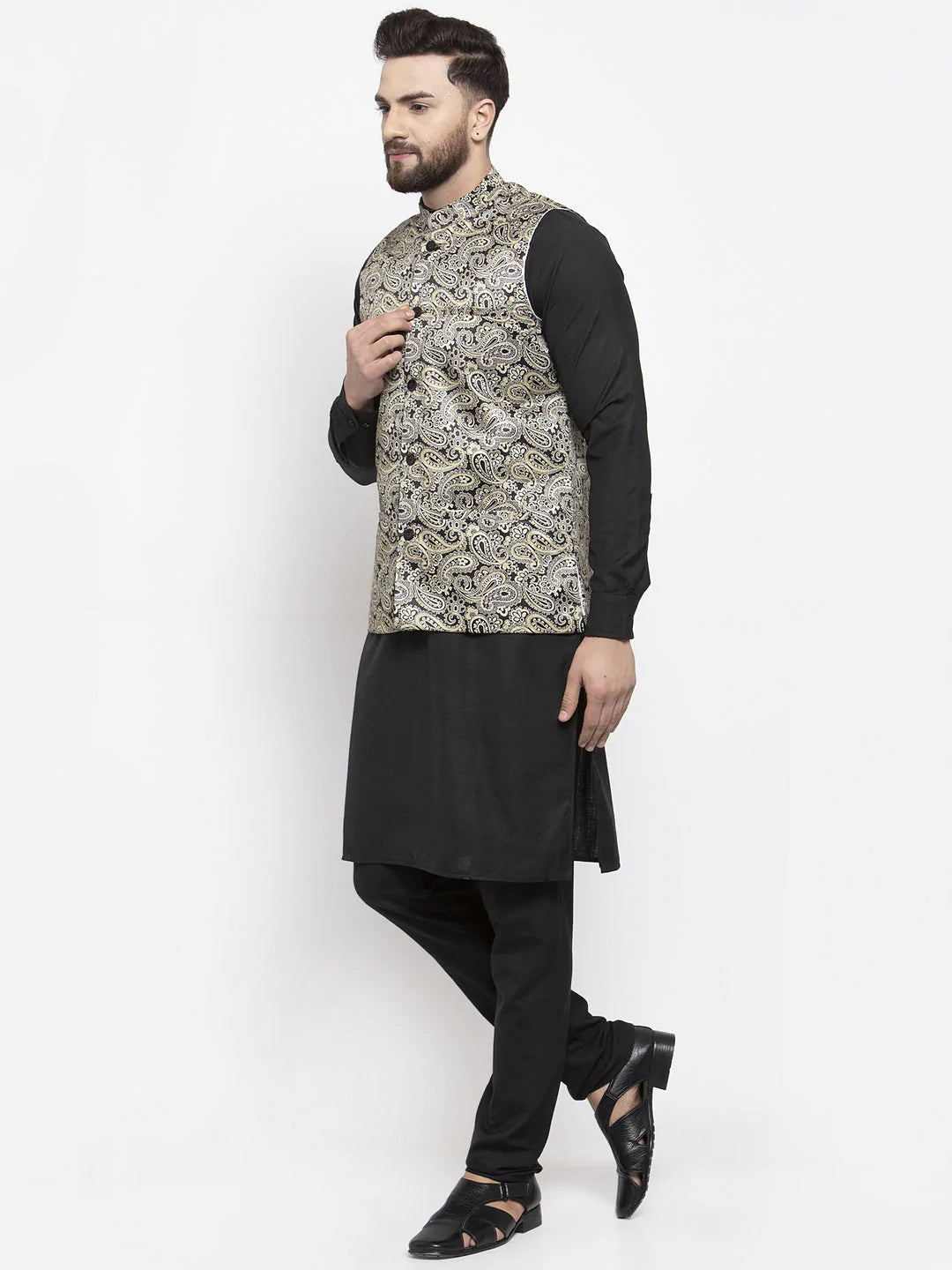 Jompers Men's Solid Cotton Kurta Pajama with Printed Waistcoat ( JOKP WC 4059 Golden-B )