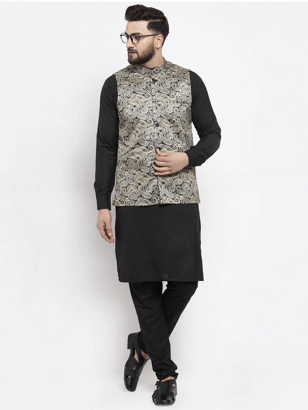 Jompers Men's Solid Cotton Kurta Pajama with Printed Waistcoat ( JOKP WC 4059 Golden-B )