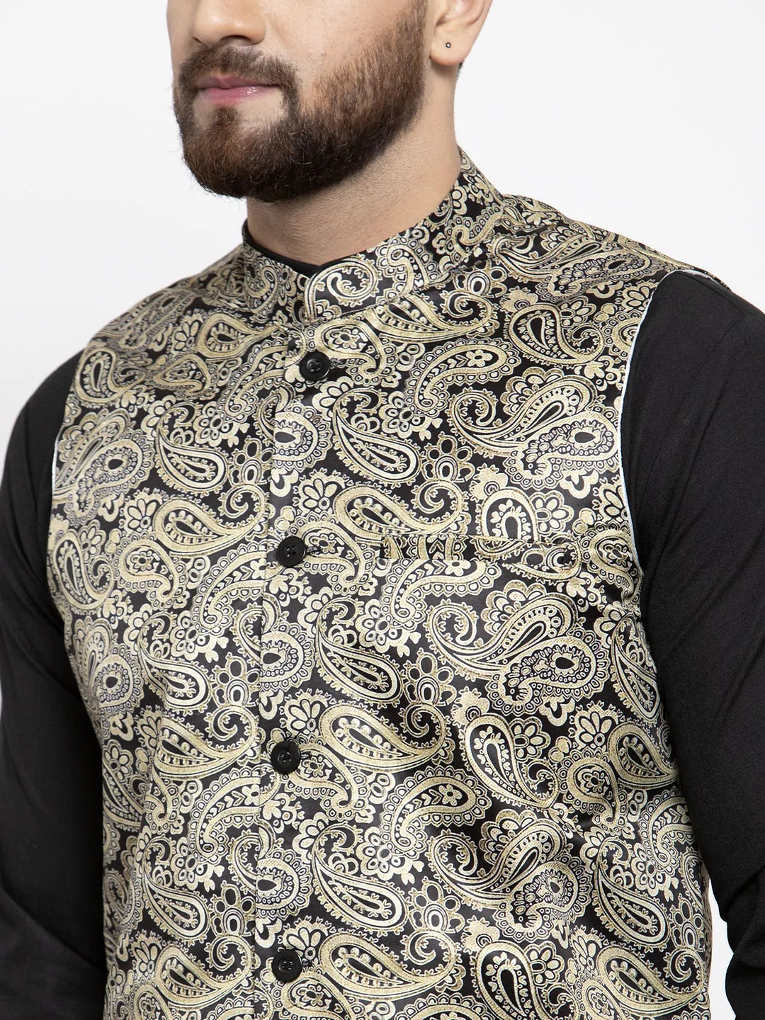 Jompers Men's Solid Cotton Kurta Pajama with Printed Waistcoat ( JOKP WC 4059 Golden-B )