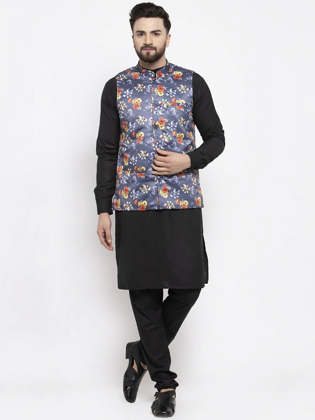 Jompers Men's Solid Cotton Kurta Pajama with Printed Waistcoat ( JOKP WC 4059 Grey-B )