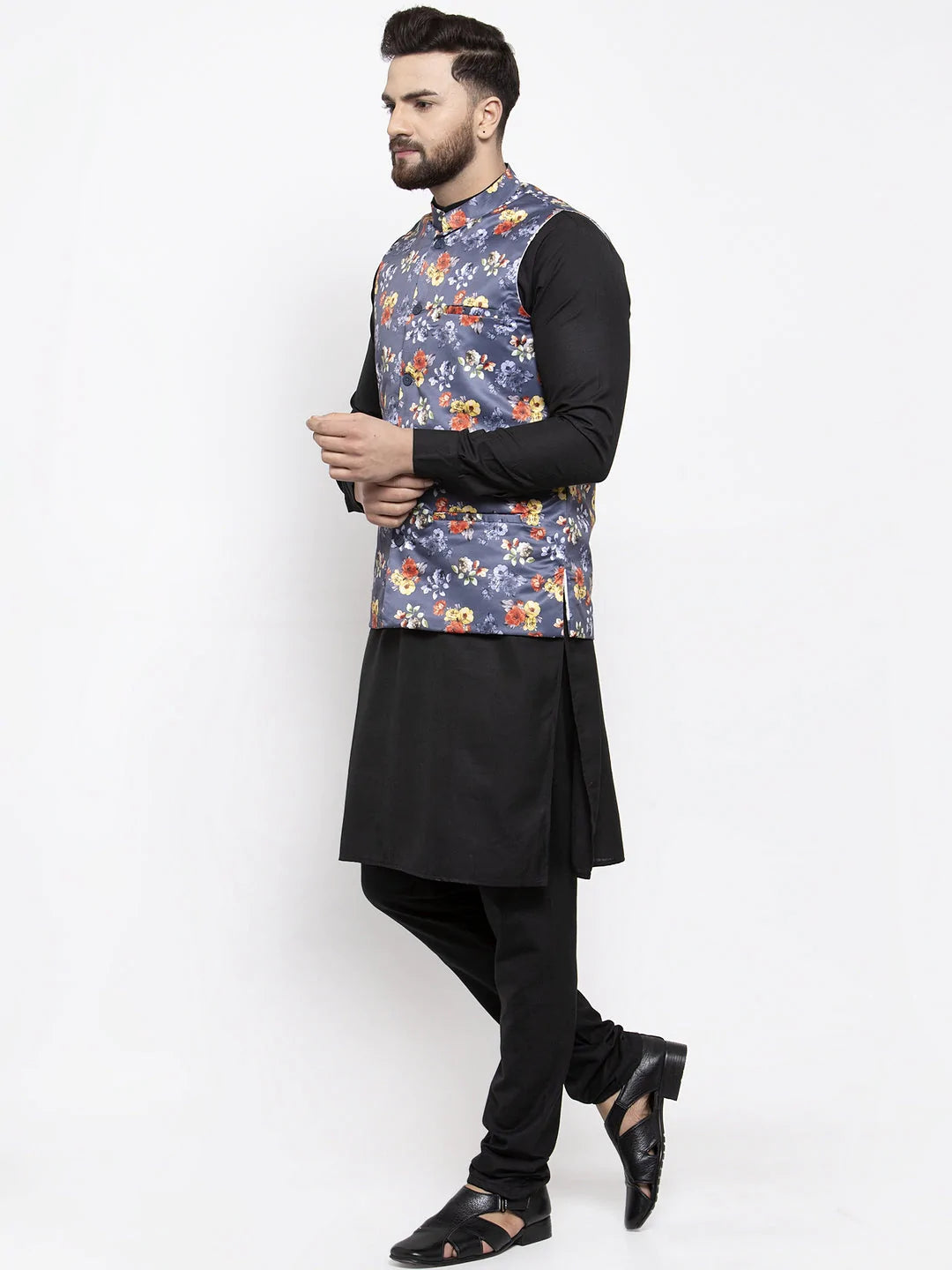 Jompers Men's Solid Cotton Kurta Pajama with Printed Waistcoat ( JOKP WC 4059 Grey-B )