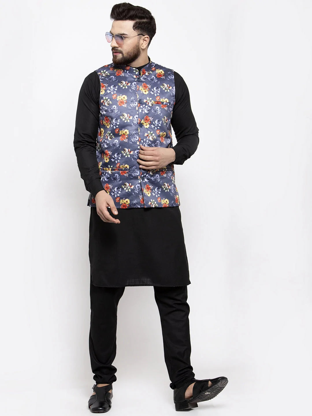 Jompers Men's Solid Cotton Kurta Pajama with Printed Waistcoat ( JOKP WC 4059 Grey-B )