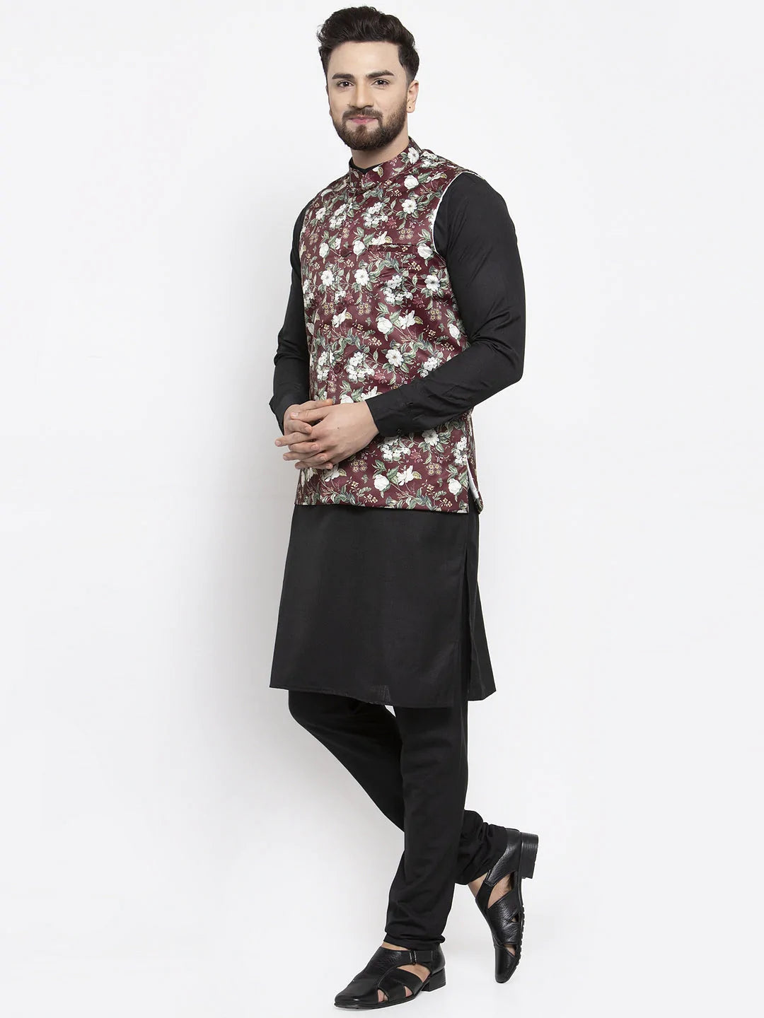 Jompers Men's Solid Cotton Kurta Pajama with Printed Waistcoat ( JOKP WC 4059 Maroon-B )