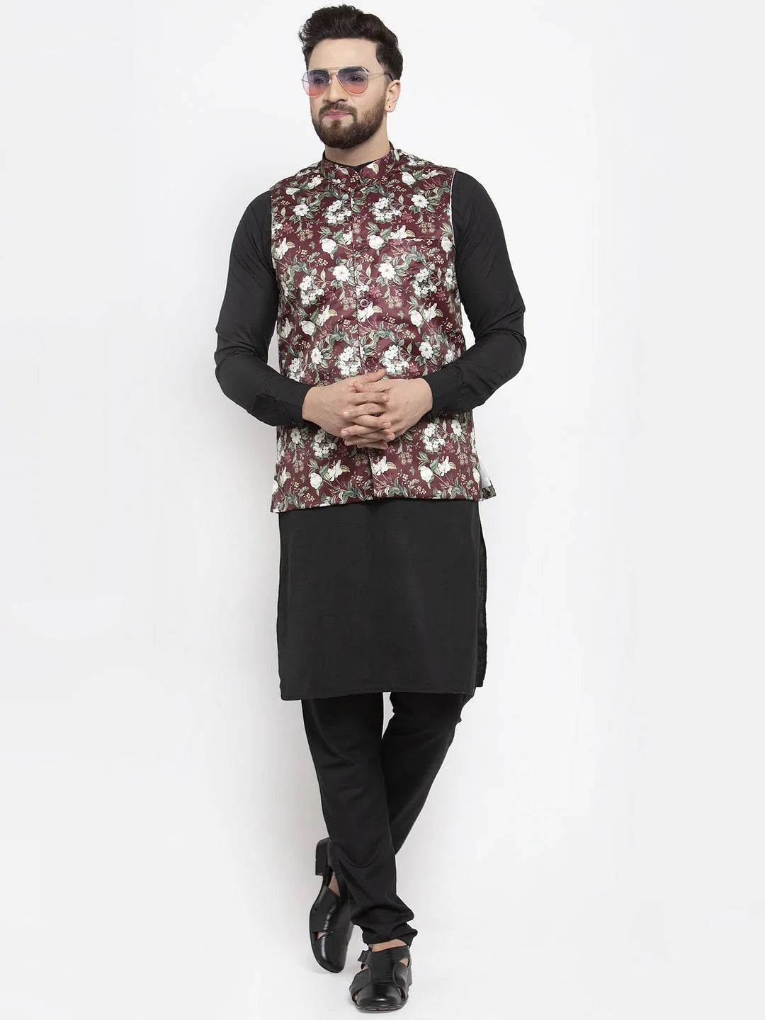 Jompers Men's Solid Cotton Kurta Pajama with Printed Waistcoat ( JOKP WC 4059 Maroon-B )