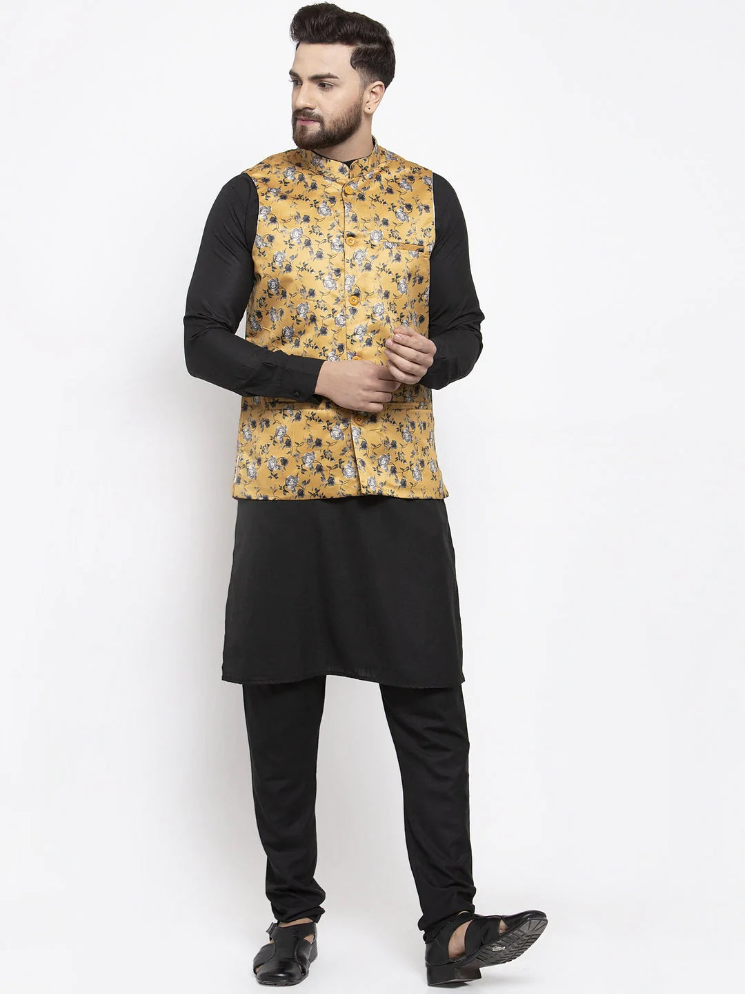 Jompers Men's Solid Cotton Kurta Pajama with Printed Waistcoat ( JOKP WC 4059 Mustard-B )
