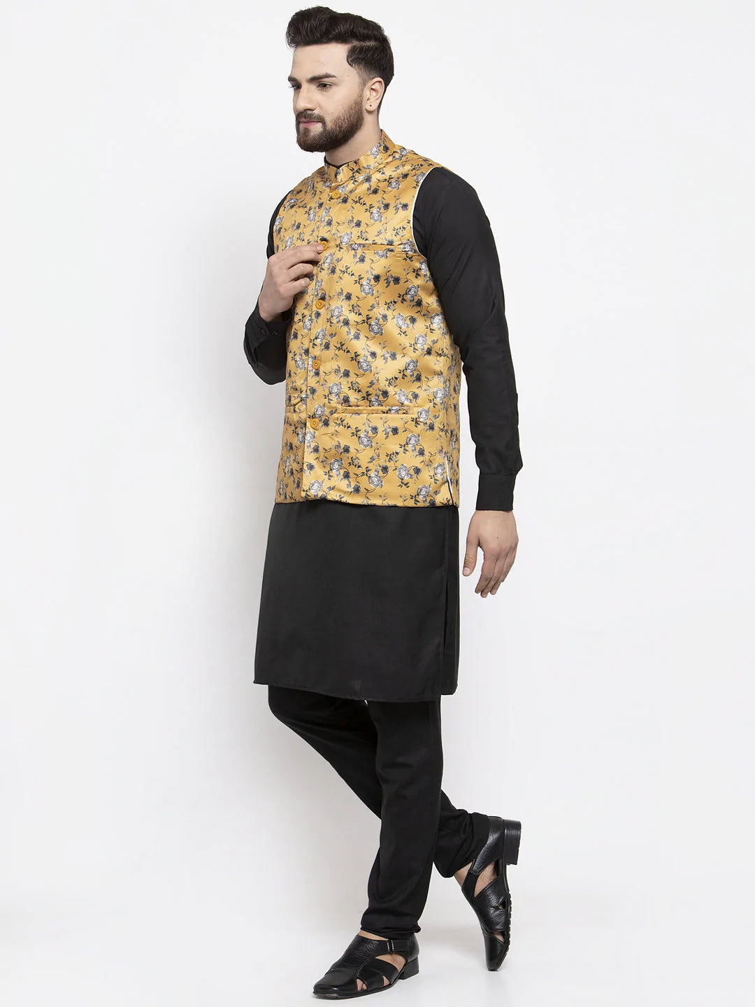 Jompers Men's Solid Cotton Kurta Pajama with Printed Waistcoat ( JOKP WC 4059 Mustard-B )