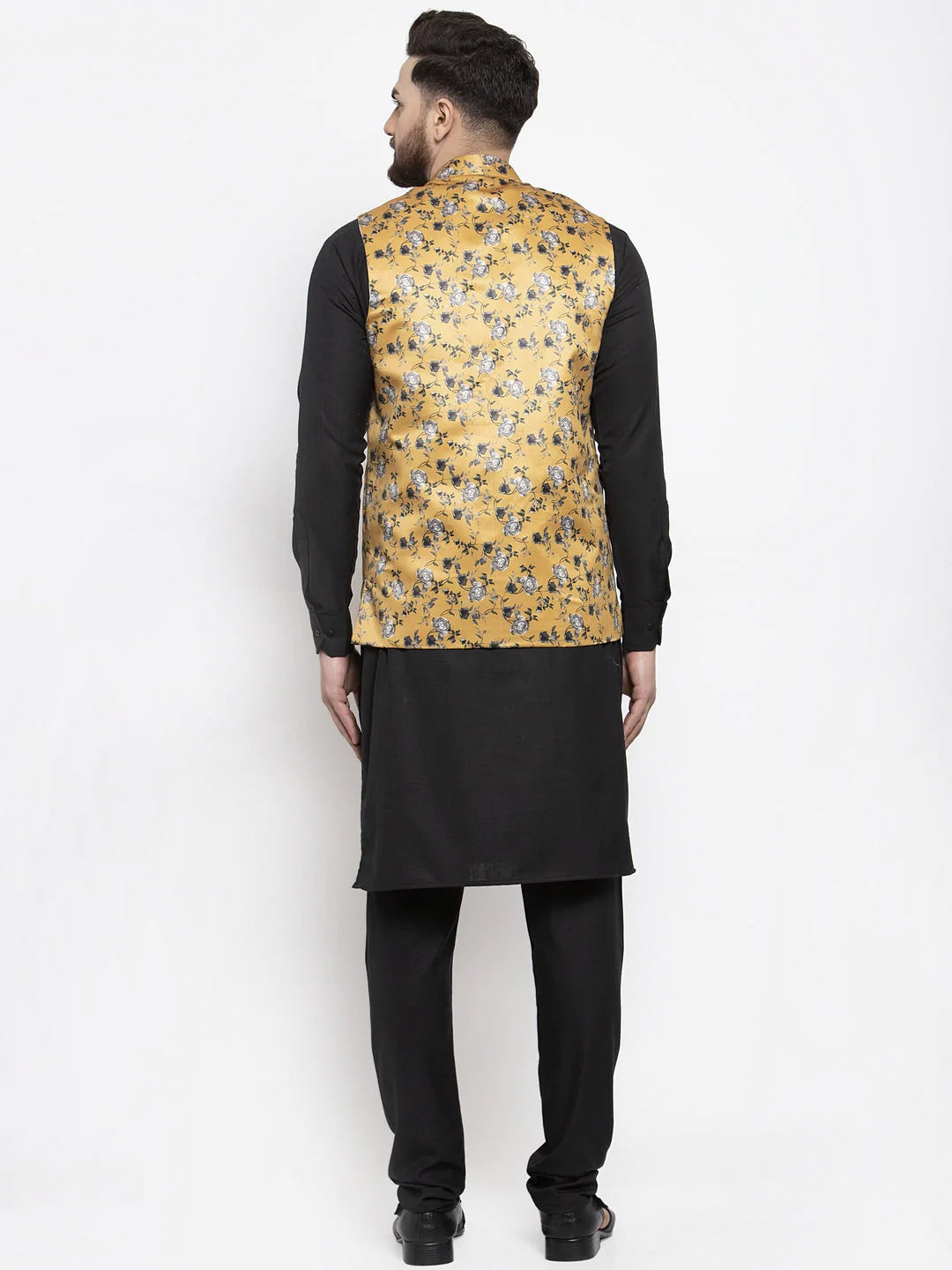 Jompers Men's Solid Cotton Kurta Pajama with Printed Waistcoat ( JOKP WC 4059 Mustard-B )