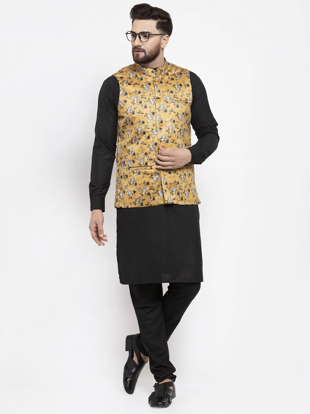 Jompers Men's Solid Cotton Kurta Pajama with Printed Waistcoat ( JOKP WC 4059 Mustard-B )