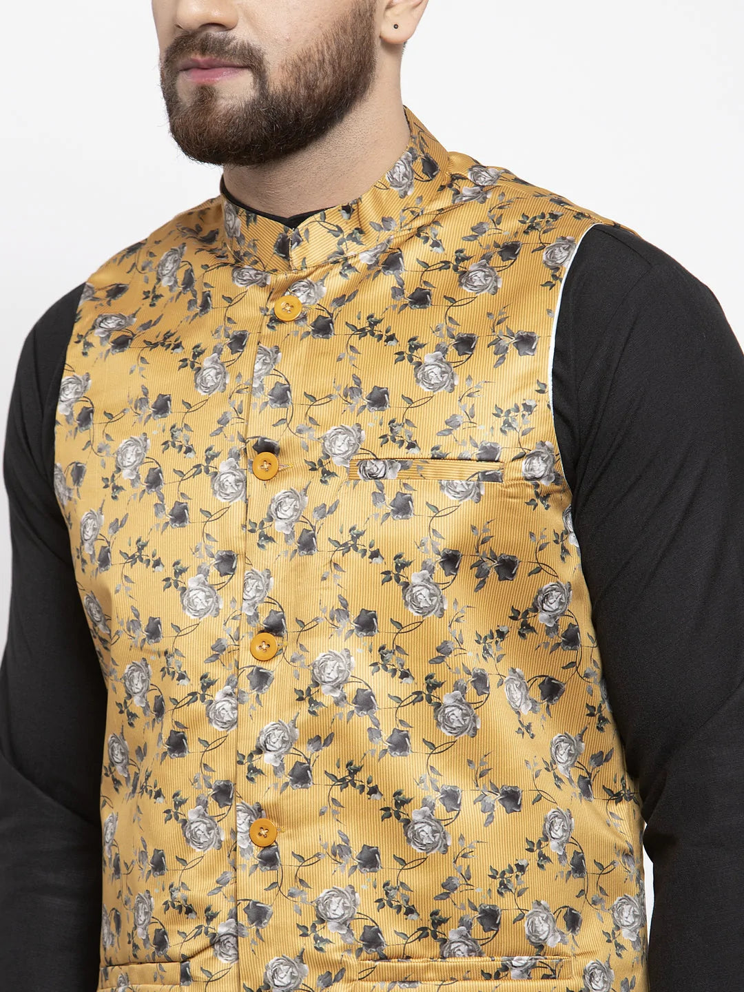 Jompers Men's Solid Cotton Kurta Pajama with Printed Waistcoat ( JOKP WC 4059 Mustard-B )