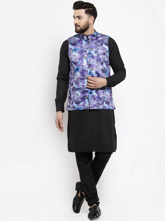 Jompers Men's Solid Cotton Kurta Pajama with Printed Waistcoat ( JOKP WC 4059 Voilet-B )