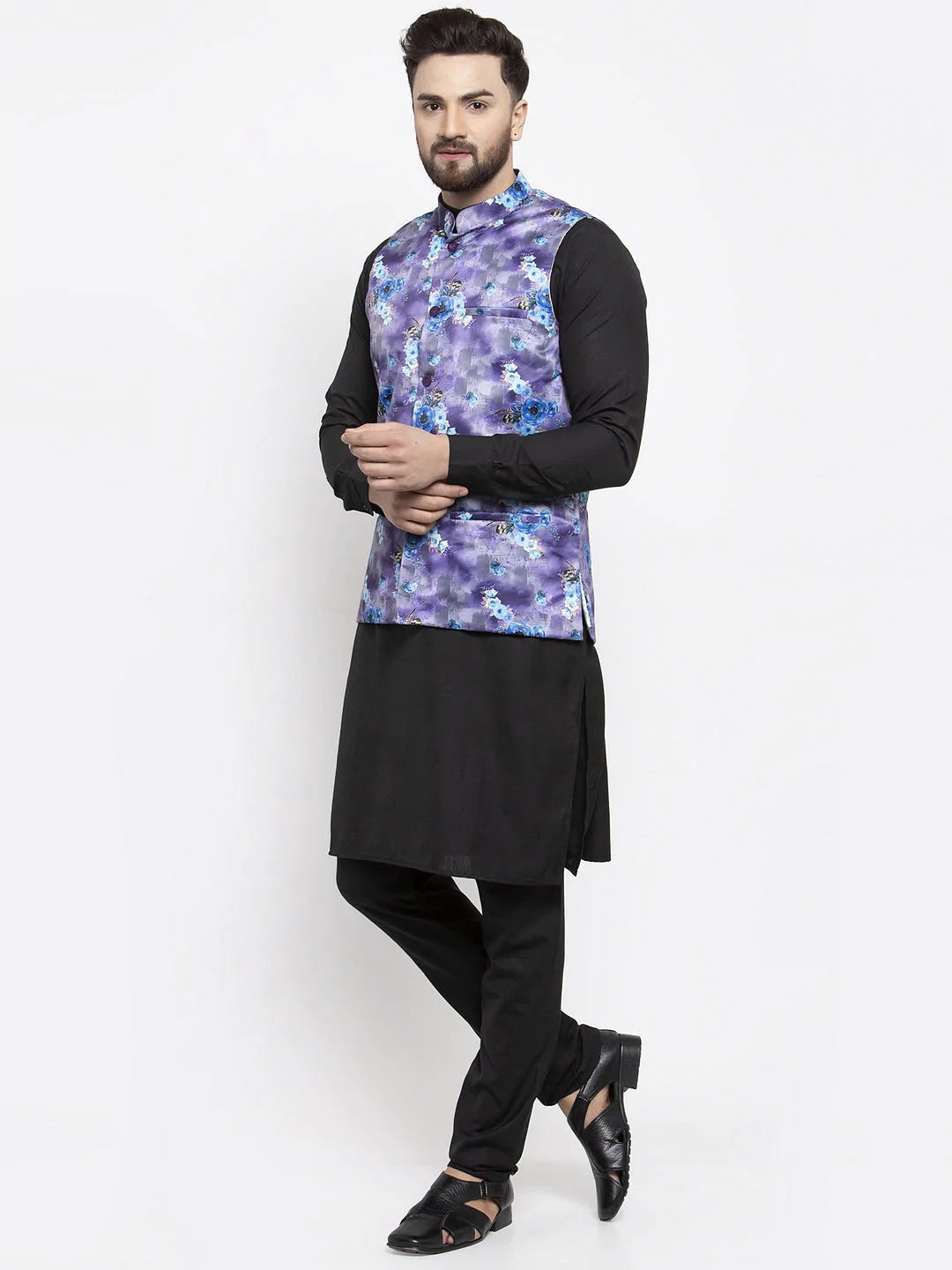 Jompers Men's Solid Cotton Kurta Pajama with Printed Waistcoat ( JOKP WC 4059 Voilet-B )