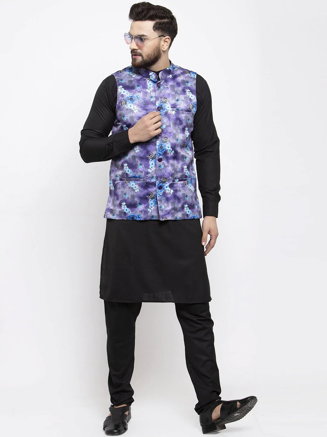 Jompers Men's Solid Cotton Kurta Pajama with Printed Waistcoat ( JOKP WC 4059 Voilet-B )