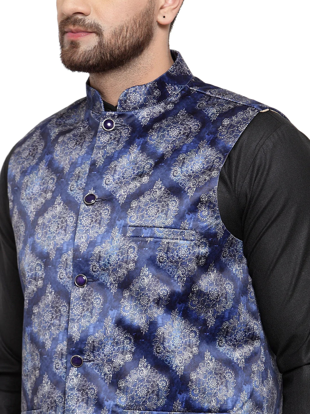 Jompers Men's Solid Cotton Kurta Pajama with Printed Waistcoat ( JOKP WC 4061 Blue-B )