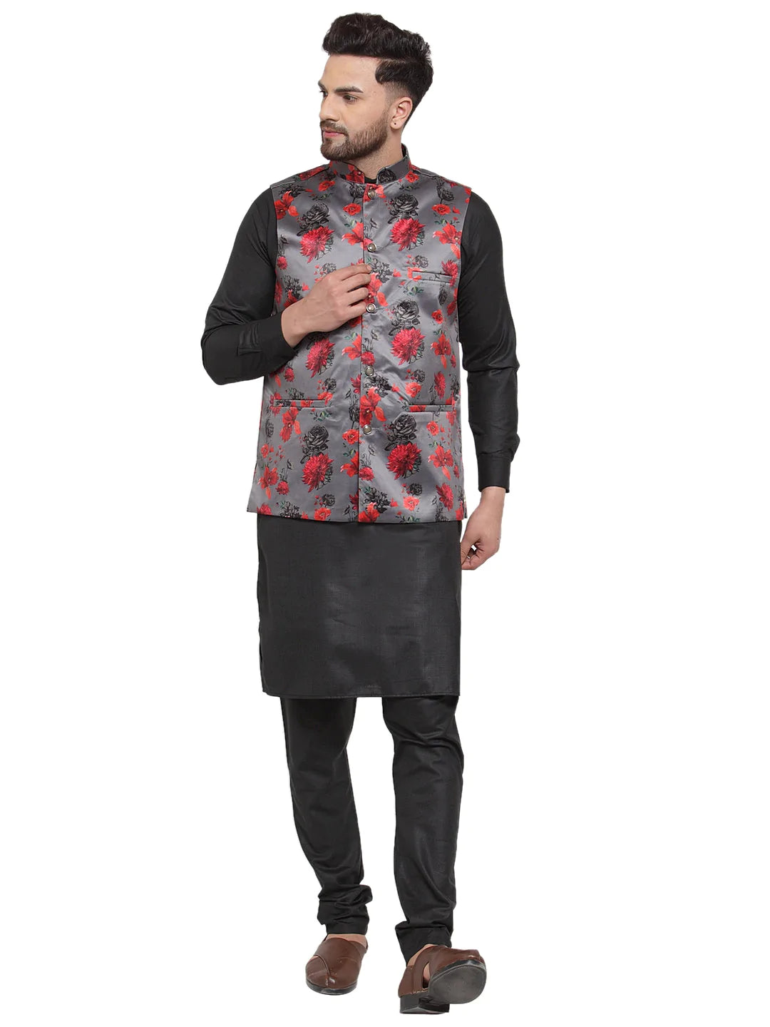 Jompers Men's Solid Cotton Kurta Pajama with Printed Waistcoat ( JOKP WC 4061 Grey-B )