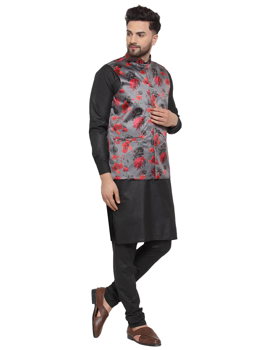 Jompers Men's Solid Cotton Kurta Pajama with Printed Waistcoat ( JOKP WC 4061 Grey-B )